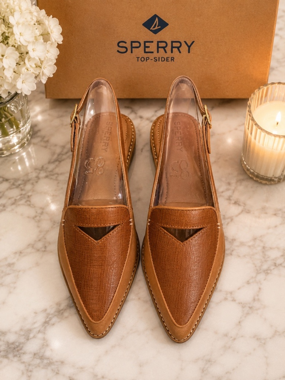 Sperry Saybrook Sling Leather Pointed Toe Flats Tan NIB/MSRP $110